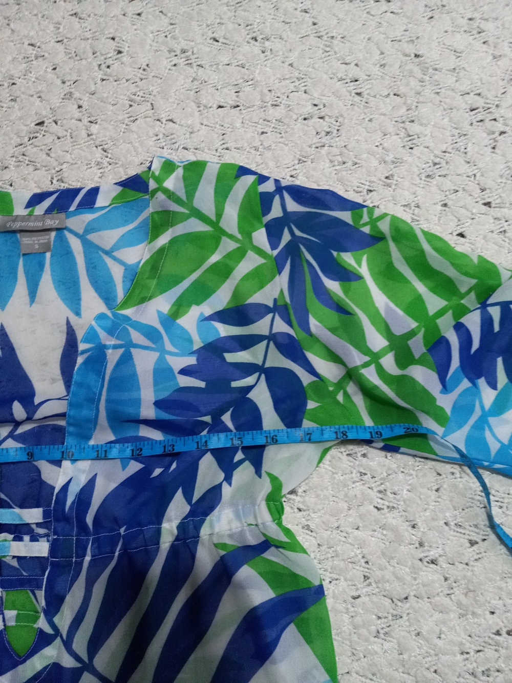 Peppermint Leaf-Print V-Neck Tunic Top Cover Up in Blue & Green Size S - Picture 7 of 10